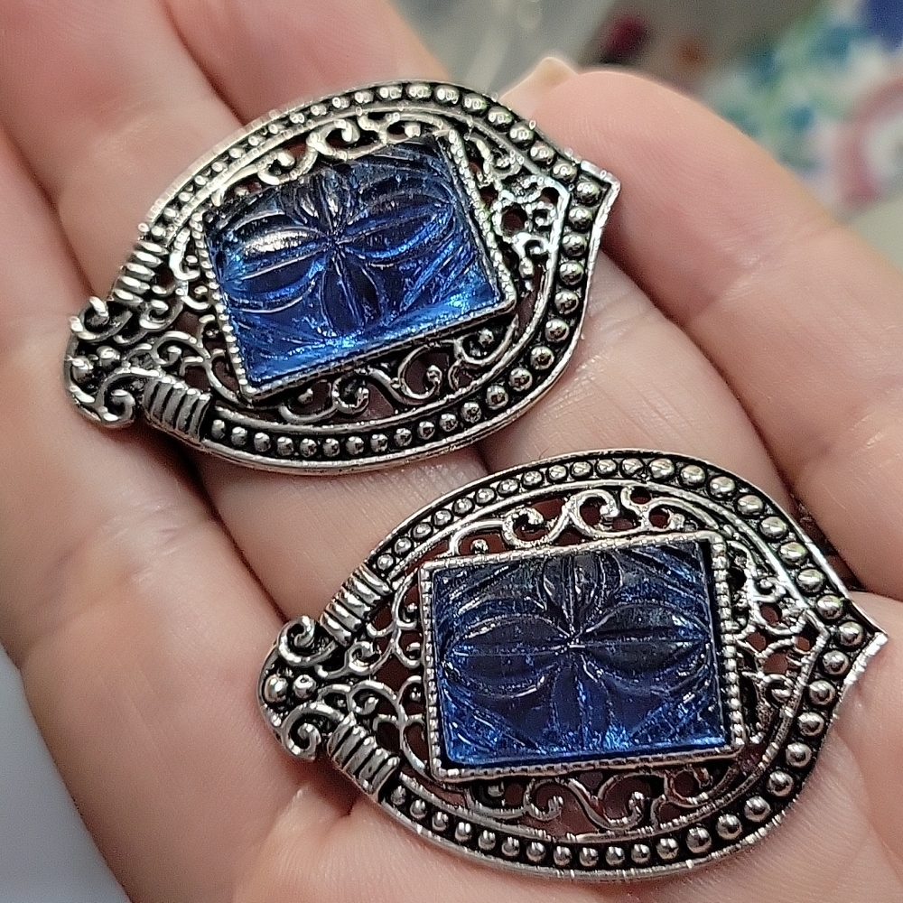 Blue Etched Glass Statement Earrings - Picture 6 of 7